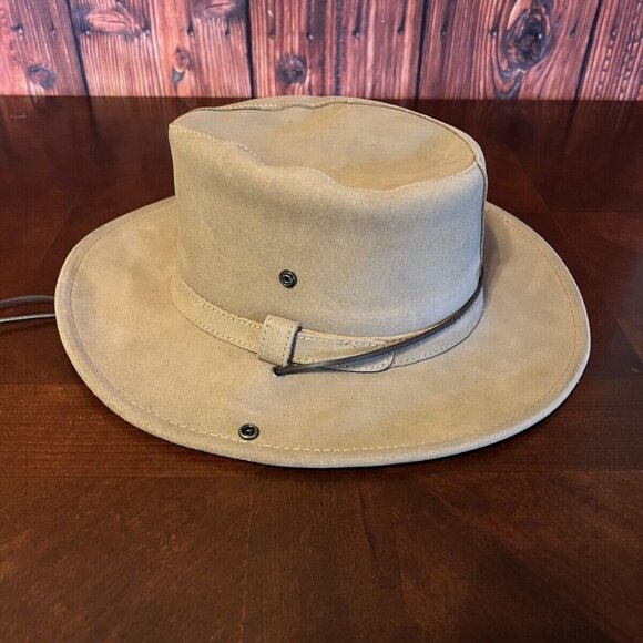 Minnetonka Other - Minnetonka Aussie Hat Tan Genuine Leather Chinstrap Size  Large, Side Snap